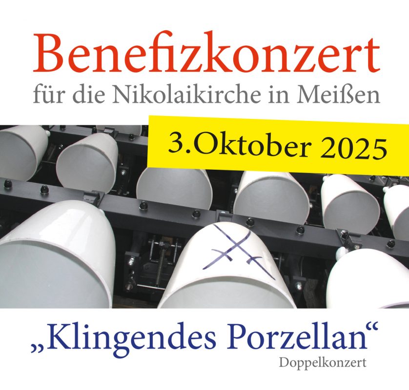 Ein weltweit einzigartiges Kunst- und Erinnerungsensemble ist stark gefährdet: die Nikolaikirche in Meißen. Ihr Innenraum ist mit aufwändigen Porzellanelementen und -figuren aus der Porzellan-Manufaktur Meissen gestaltet. Sie benötigt dringend eine umfassende Sanierung. Um auf die prekäre Lage aufmerksam zu machen und Spenden zu sammeln, finden am 3. Oktober 2025 zwei Benefizkonzerte in Meißen statt.